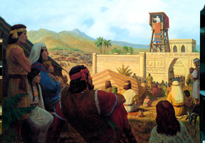 Benjamin (Book of Mormon king) standing on a tower constructed within a temple complex. The king is delivering his final address to the Nephite people. The Nephites are gathered around the temple complex listening to the king.