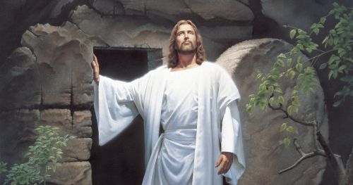 園の墓の入り口に立っておられる，(白い衣を着て)復活されたイエス・キリスト。天に目を向けておられるキリストの様子が描かれている。