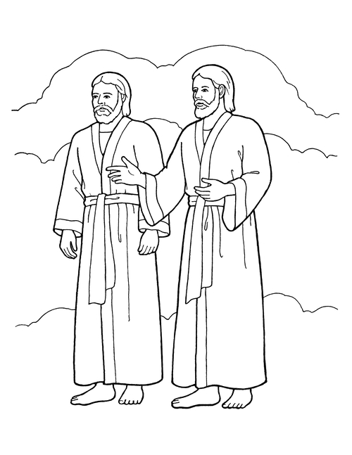 A black-and-white illustration of Heavenly Father and Jesus Christ, wearing robes, standing side-by-side with hands outstretched.