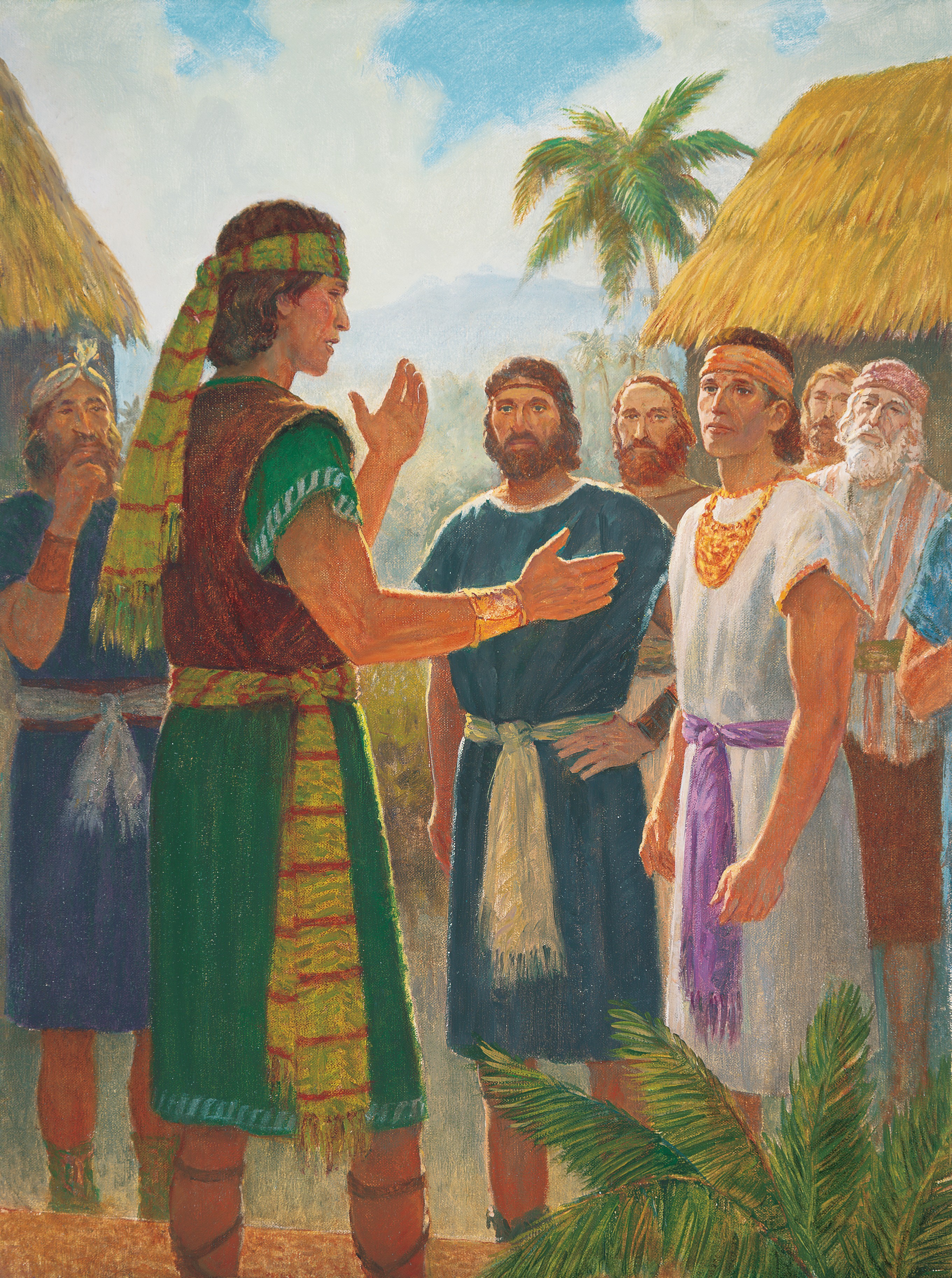 An oil painting by Gary L. Kapp showing Alma the Younger testifying to a group of men about his experiences and repentance.