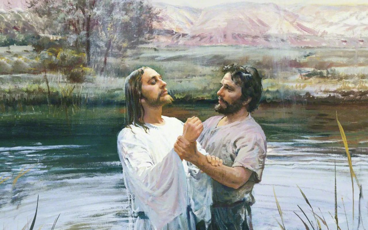 John the baptist baptizes Jesus Christ in the Jordan River with presences of the Holy Ghost and God the Father