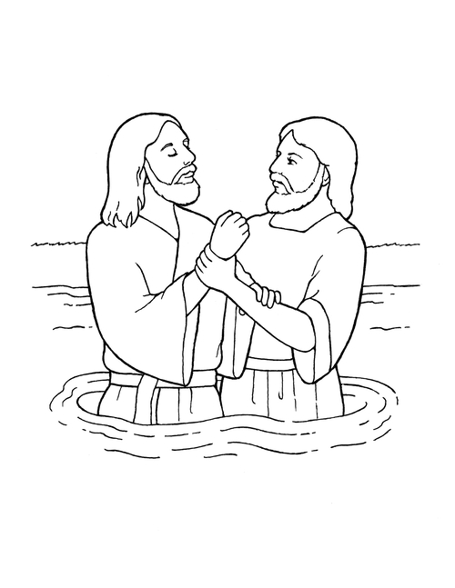 A black and white illustration of John the Baptist baptizing Jesus Christ.