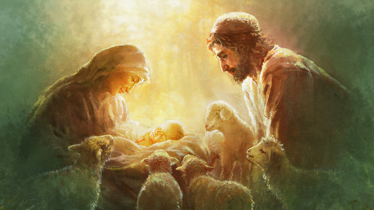 The infant Jesus Christ lying in a manger as His mother Mary and Joseph look at Him.  There are lambs are gathered around the manger.